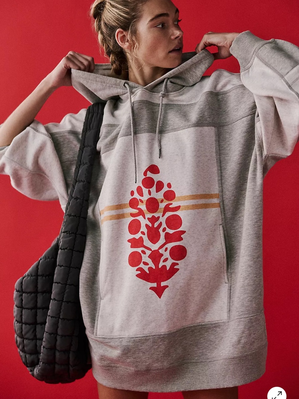 NWT FREE PEOPLE triple threat Gray Hoodie with Red Graphic and Gold Stripes smal